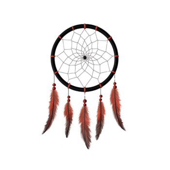 dreamcatcher with black circular frame and intricate web design is adorned with red beads and five hanging feathers. feathers are detailed with shades of red and brown, creating traditional png