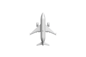 An Aerial view of white airplane isolated on transparency background, showcasing its sleek design and symmetry. image highlights aircraft wings and engines, emphasizing its engineering precision png