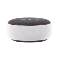 compact, round smart speaker with sleek design, featuring black top and white mesh sides, ideal for voice commands and playing music png