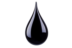 A shiny, reflective black droplet with smooth surface, resembling drop of oil or liquid. droplet is isolated on transparency background, highlighting its glossy texture and elegant shape png