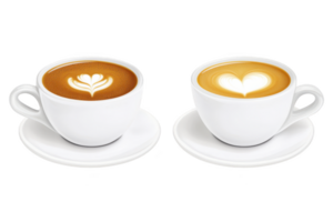 A Two white cups of coffee with latte art designs sit on saucers, showcasing intricate heart patterns. smooth, creamy texture of foam contrasts with rich, dark coffee beneath png