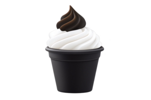 A swirl of creamy vanilla and rich chocolate soft serve ice cream sits in sleek black cup, creating delightful contrast. smooth texture and inviting appearance make it tempting treat png