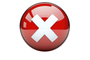 A shiny red sphere with bold white X symbol in center, representing concept of error or cancellation. glossy surface reflects light, adding three dimensional effect png