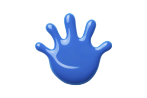 A glossy blue handprint with playful and shiny appearance, resembling splash of paint or liquid. handprint has smooth, reflective surface, creating vibrant and dynamic visual effect png