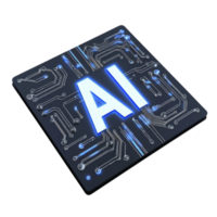 glowing AI text is centered on black circuit board, symbolizing artificial intelligence technology. board features intricate blue circuitry patterns, creating futuristic and innovative feel png