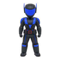 futuristic character in black and blue armored suit stands confidently, featuring helmet with blue visor and intricate design details. suit exudes sense of strength and technology png