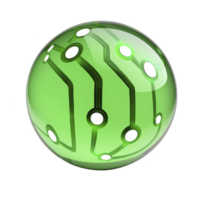 green sphere with circuit like patterns and black circular elements, resembling futuristic technology or digital design, is depicted. glossy surface reflects light, enhancing its modern appearance png