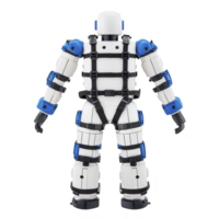futuristic exoskeleton suit with blue and white components designed for enhanced mobility and strength. suit features multiple joints and straps for secure fitting, ideal for various applications png