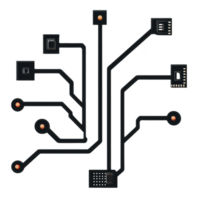 digital circuit board design with interconnected pathways and nodes, representing technology and connectivity. layout is abstract, with lines and dots symbolizing electronic components and data png