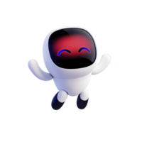 cute, smiling robot with glossy black face and red glowing eyes is joyfully jumping. robot has white body with rounded limbs, giving it friendly and playful appearance png