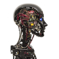 futuristic robotic head with exposed circuits and wires showcases advanced technology and innovation. intricate design highlights complexity and potential of artificial intelligence png