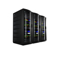 Three sleek, modern server racks with illuminated panels stand in row, showcasing advanced technology and data processing capabilities. servers are designed for efficient data management png