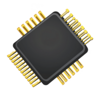 close up illustration of microchip with gold connectors, showcasing its intricate design and technology. black and gold color scheme highlights electronic component sophistication png