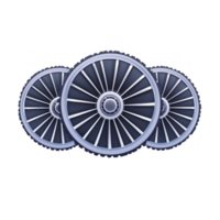 Three metallic bicycle wheels with intricate spokes are arranged row, showcasing sleek and modern design. wheels are depicted with shiny, reflective surface, emphasizing their precision png