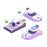 Three isometric illustrations of modern yachts and boats with sleek designs, featuring white and blue color schemes, are displayed transparency background. scene includes small green bushes png