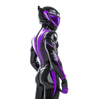 futuristic figure in sleek, black and purple suit stands confidently, showcasing high tech helmet and aerodynamic design. suit glossy finish and vibrant accents suggest speed and agility png