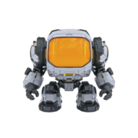 futuristic robot with large orange visor stands against transparency background, showcasing sleek and modern design. robot robust build and intricate details highlight advanced technology png