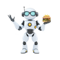 friendly robot with blue eyes and headphones holds burger with fries, showcasing futuristic blend of technology and food. robot white and black design adds modern touch png