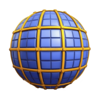 3D sphere with grid pattern features blue panels and yellow borders, creating futuristic and geometric design. reflective surface adds modern and dynamic feel png