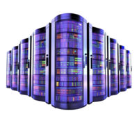 row of futuristic, illuminated server racks with vibrant colors and digital displays, showcasing advanced technology and data processing capabilities. scene conveys innovation and efficiency png