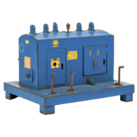 vintage blue industrial machine with sturdy metal base, featuring various knobs, switches, and labels. machine weathered appearance suggests extensive use, adding to its historical charm png
