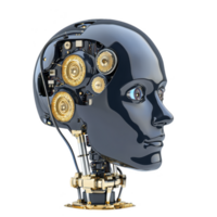 futuristic robotic head with visible gears and circuits, showcasing advanced technology and innovation. metallic surface reflects sleek, modern design, symbolizing artificial intelligence png