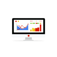 computer monitor displaying colorful graphs and charts, including line and bar graphs, represents data analysis and business analytics. screen shows mix of red, blue, and yellow elements png