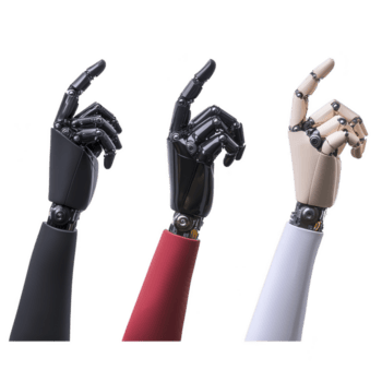 tre robot vapen i svart, röd, och vit är visad med fingrar pekande uppåt, visa upp Avancerad teknologi och design. bild slingor innovation i robotik och artificiell intelligens png