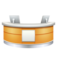 modern, curved reception desk with two computer monitors, featuring sleek orange and white design, ideal for office or hotel lobbies png