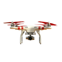 white and red quadcopter drone with mounted camera is shown against plain background, highlighting its sleek design and advanced technology png