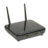 sleek black wireless router with dual antennas and multiple ports, including USB and Ethernet, designed for efficient internet connectivity. device features LED indicators png