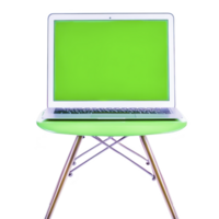 laptop with vibrant green screen sits on modern chair, creating striking contrast. chair features sleek design with metal legs, adding contemporary touch png
