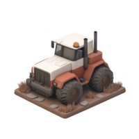 stylized 3D illustration of tractor with large tires and white and red color scheme, set on small patch of land with grass and rocks, conveying rustic charm png