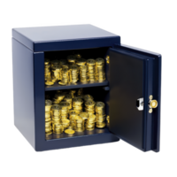 small blue safe with open door reveals stacks of shiny gold coins neatly arranged on two shelves, symbolizing wealth and security png