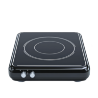 sleek black electric cooktop with single burner and two control knobs, ideal for modern kitchens. minimalist design and compact size make it perfect for small spaces png