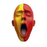 face painted with vibrant red and yellow colors, expressing strong emotion with wide open mouth, creating striking and artistic visual impact png
