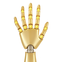 robotic hand with golden metallic finish and illuminated joints is shown, showcasing advanced technology and futuristic design. hand is open, displaying intricate details and sleek appearance png