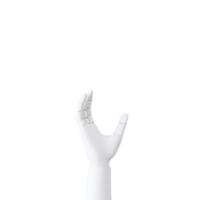 white robotic hand is reaching upwards against plain background, showcasing advanced technology and innovation. sleek design highlights intersection of engineering and modern aesthetics png