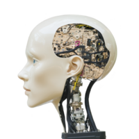 humanoid robot head with visible internal circuitry and mechanical components showcases advanced technology and artificial intelligence. design is sleek and futuristic, highlighting innovation png