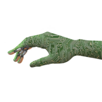 robotic hand with circuit board design symbolizes fusion of technology and human like dexterity, showcasing innovation in artificial intelligence and robotics png