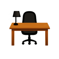wooden desk with black office chair and lamp creates simple and professional workspace. setup is ideal for home office or corporate environment png