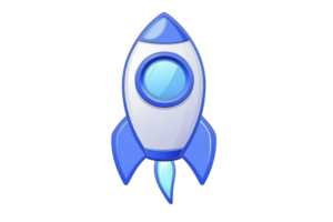 A cartoon style blue and white rocket ship with circular window and blue fins is depicted, showcasing playful and imaginative design. rocket appears to be launching with small blue flame png