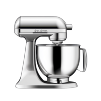 sleek silver stand mixer with shiny metal bowl, perfect for baking and cooking enthusiasts. mixer features modern design with multiple speed settings for versatile use png