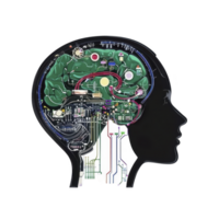 digital illustration of human head silhouette with brain composed of electronic circuits and components, symbolizing artificial intelligence and technology integration png