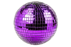 A vibrant purple disco ball with reflective tiles creates lively and festive atmosphere, perfect for parties and dance events. shiny surface reflects light in various directions, adding sparkle png