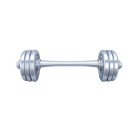 shiny silver dumbbell with multiple weight plates is centered on plain background, symbolizing strength and fitness. metallic finish reflects light, highlighting its sleek design png