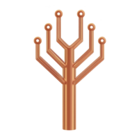 stylized copper tree sculpture with modern, abstract design features multiple branches ending in circular nodes. metallic finish gives it sleek, contemporary look png