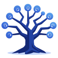 stylized blue tree with branches ending in circular nodes, each featuring headset icon, symbolizes communication and connectivity. abstract design conveys modern, tech inspired theme png