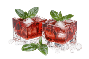 A Two refreshing red cocktails in square glasses are garnished with fresh mint leaves and surrounded by ice cubes, creating cool and inviting presentation png