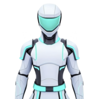 futuristic humanoid robot in sleek white and teal armor stands confidently, showcasing advanced technology and design. robot helmet features glowing visor, adding modern touch png